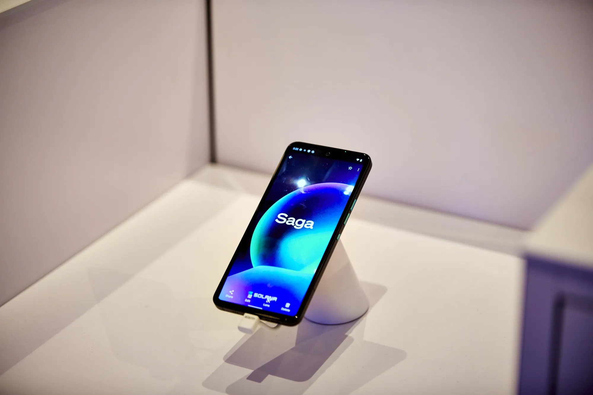 A Solana Saga Android mobile phone at the Solana Space retail store at Hudson Yards in New York, US.