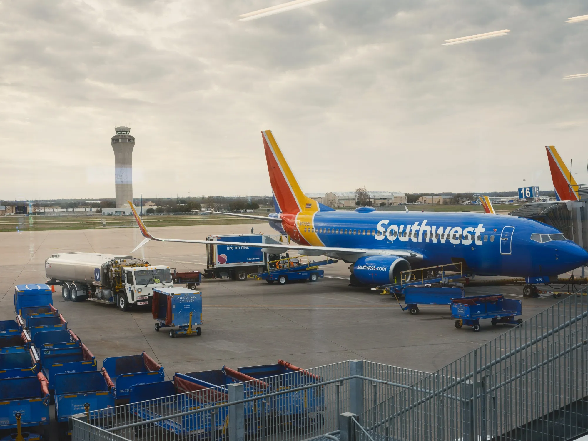 A Southwest Airlines aircraft at a gate at Austin–Bergstrom International Airport&nbsp;in Austin.