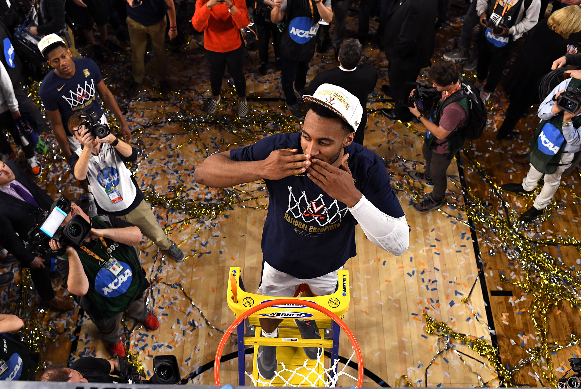 Braxton Key&nbsp;of the Virginia Cavaliers cuts the net down after his teams 85-77 win over the Texas Tech Red Raiders in the 2019 NCAA men's Final Four National Championship game in Minneapolis, Minnesota on April 8, 2019.