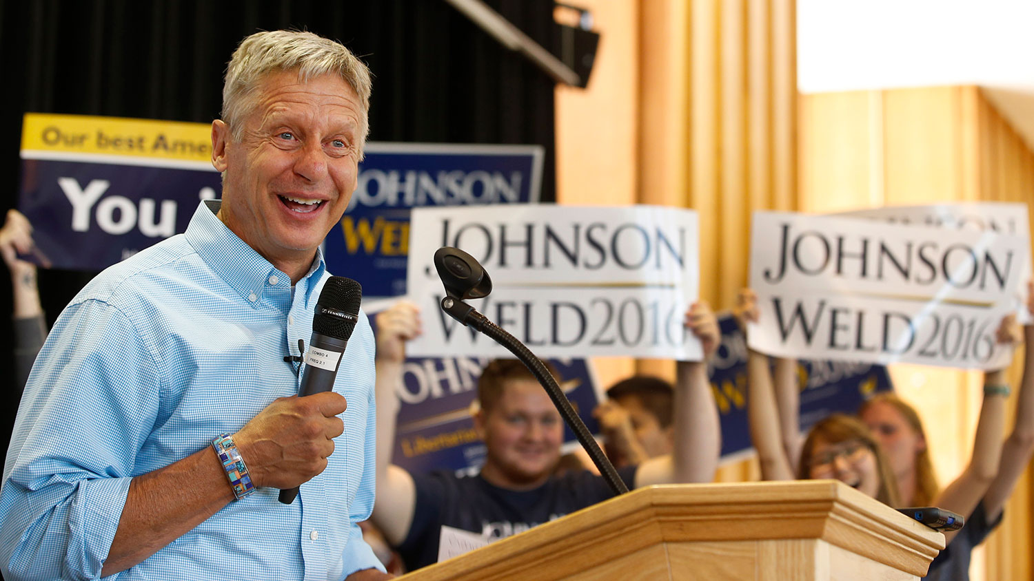 Libertarian presidential candidate Gary Johnson talks to a crowd of supporters at a rally in Salt Lake City last month.
