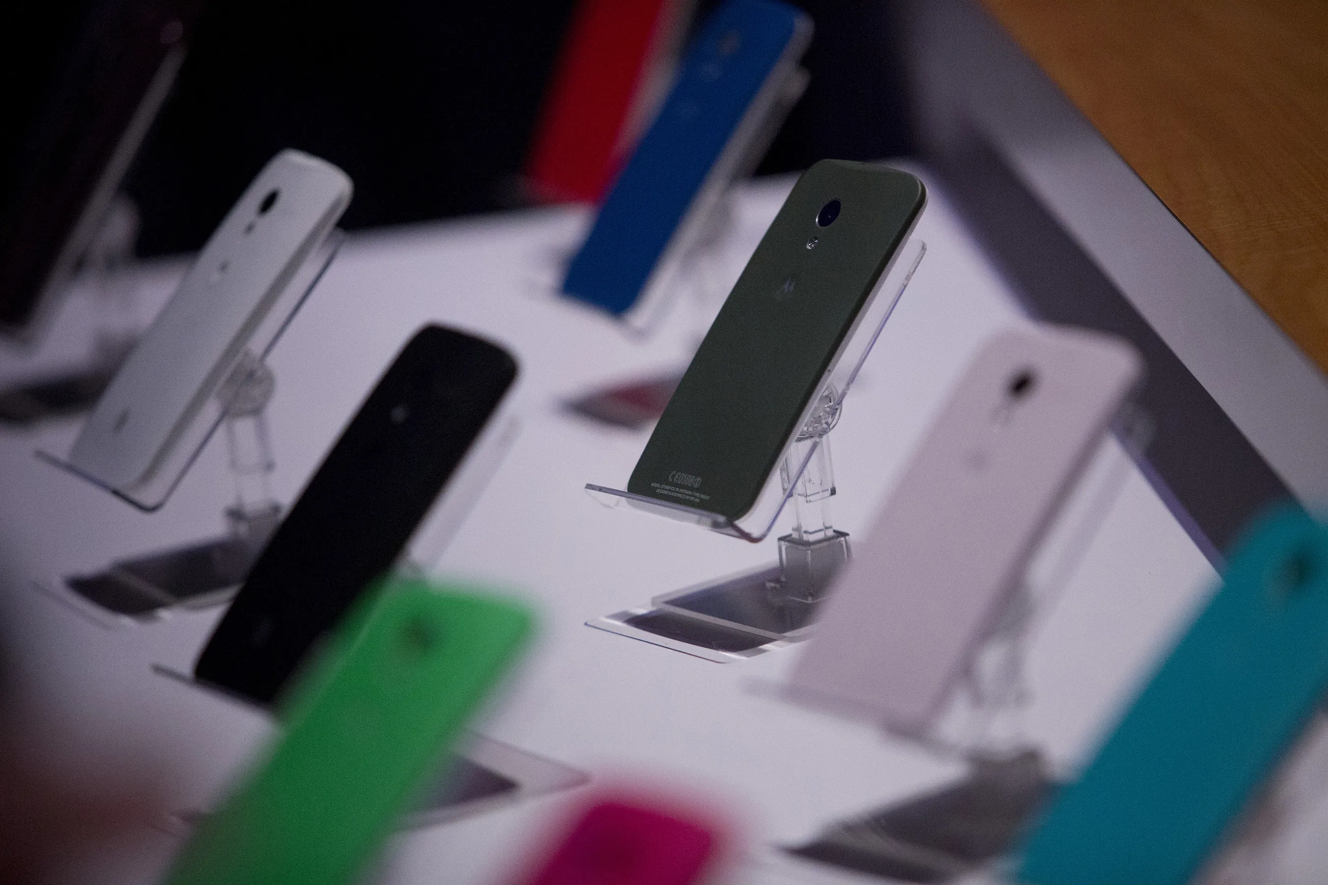 Google Inc.’s Motorola Mobility Moto X phones are displayed during a launch event in New York, on Aug. 1, 2013. Photographer: Scott Eells/Bloomberg