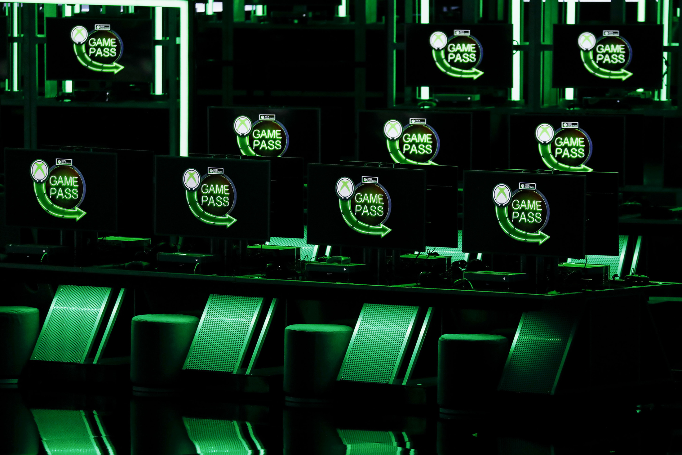 The Game Pass logo is displayed on monitors during Microsoft’s&nbsp;Xbox event ahead of the 2019 E3 Electronic Entertainment Expo in Los Angeles.