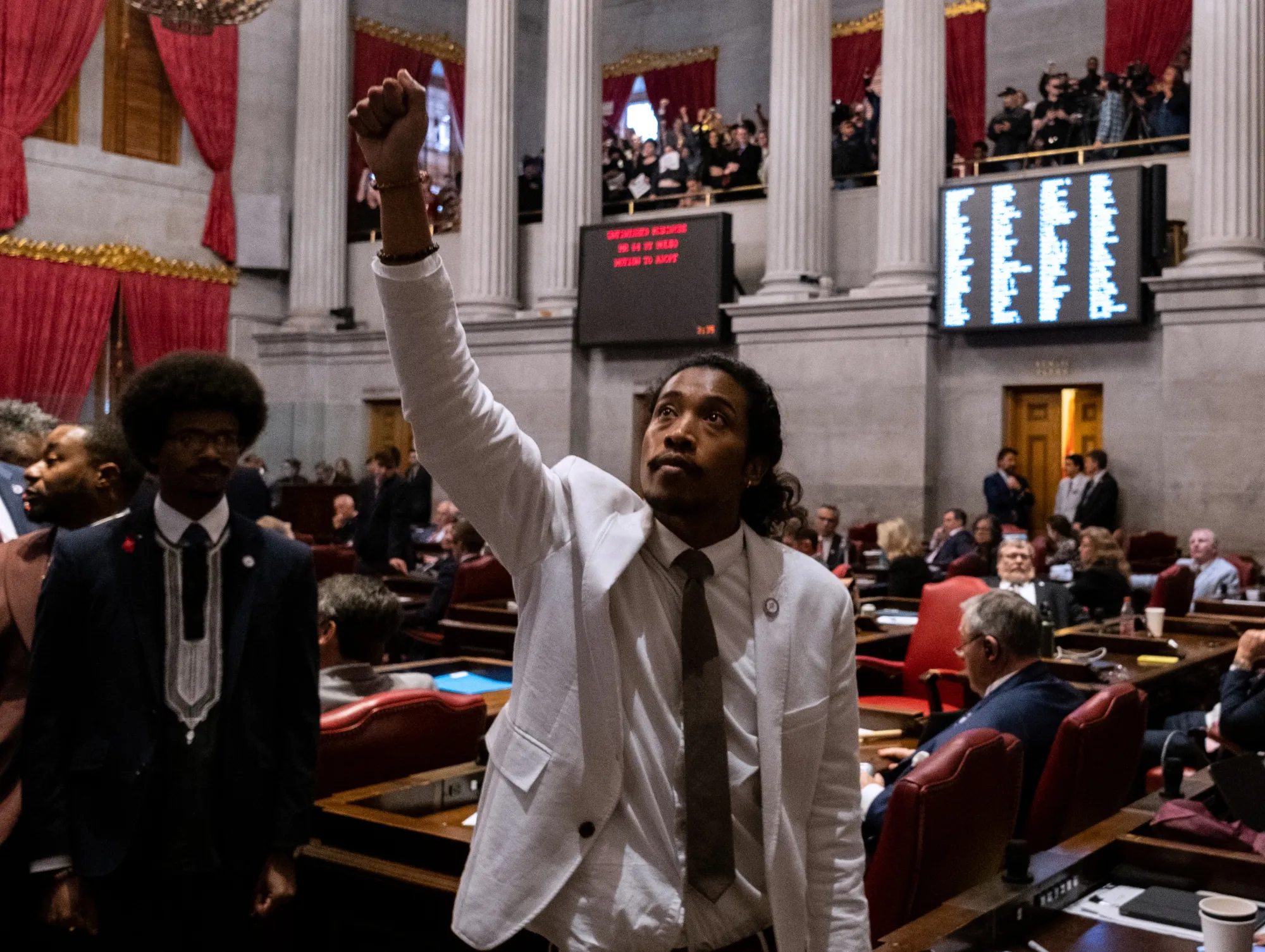 Justin Jones gestures during a vote on his expulsion from the state legislature in Nashville, Tennessee, on April 6.