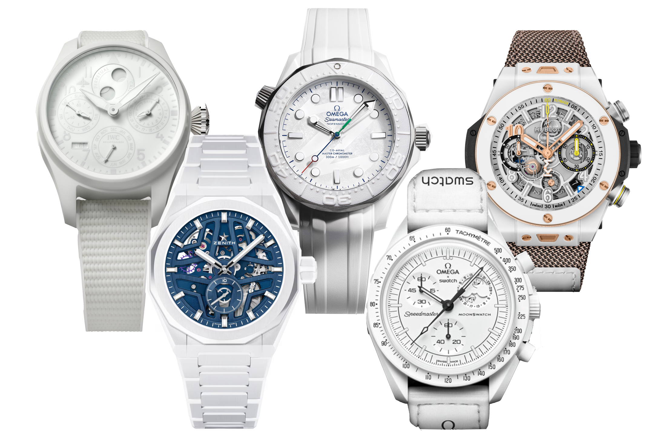 White ceramic watches from IWC, Zenith, Omega, Swatch and Hublot.