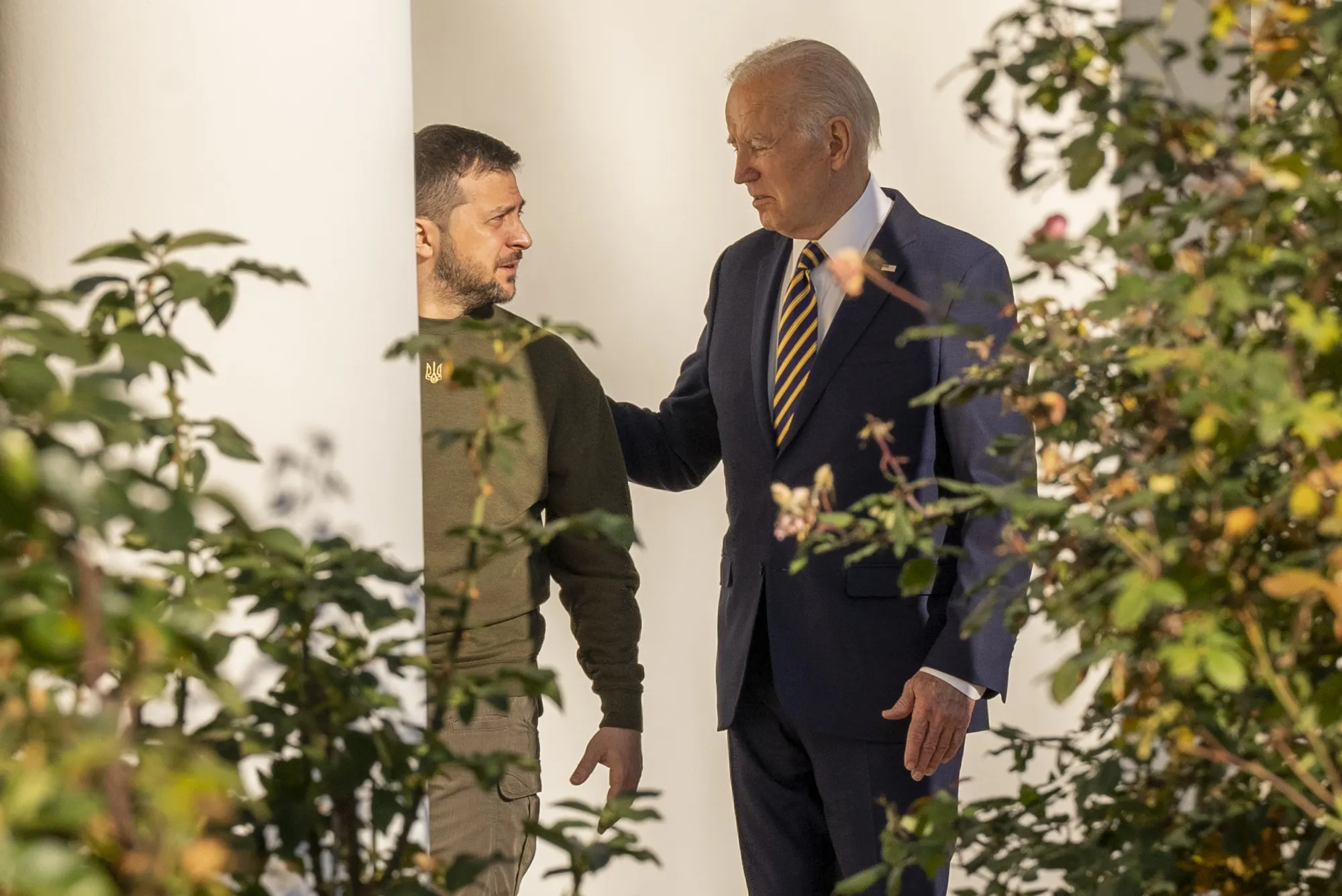 US President Joe Biden and Volodymyr Zelenskiy, Ukraine’s president, left, in the colonnade before meeting in the Oval Office of the White House in Washington&nbsp;on Wednesday. Biden's administration announced $1.85 billion in additional military aid to Ukraine, including a Patriot missile battery to help the country bolster its defenses this winter.