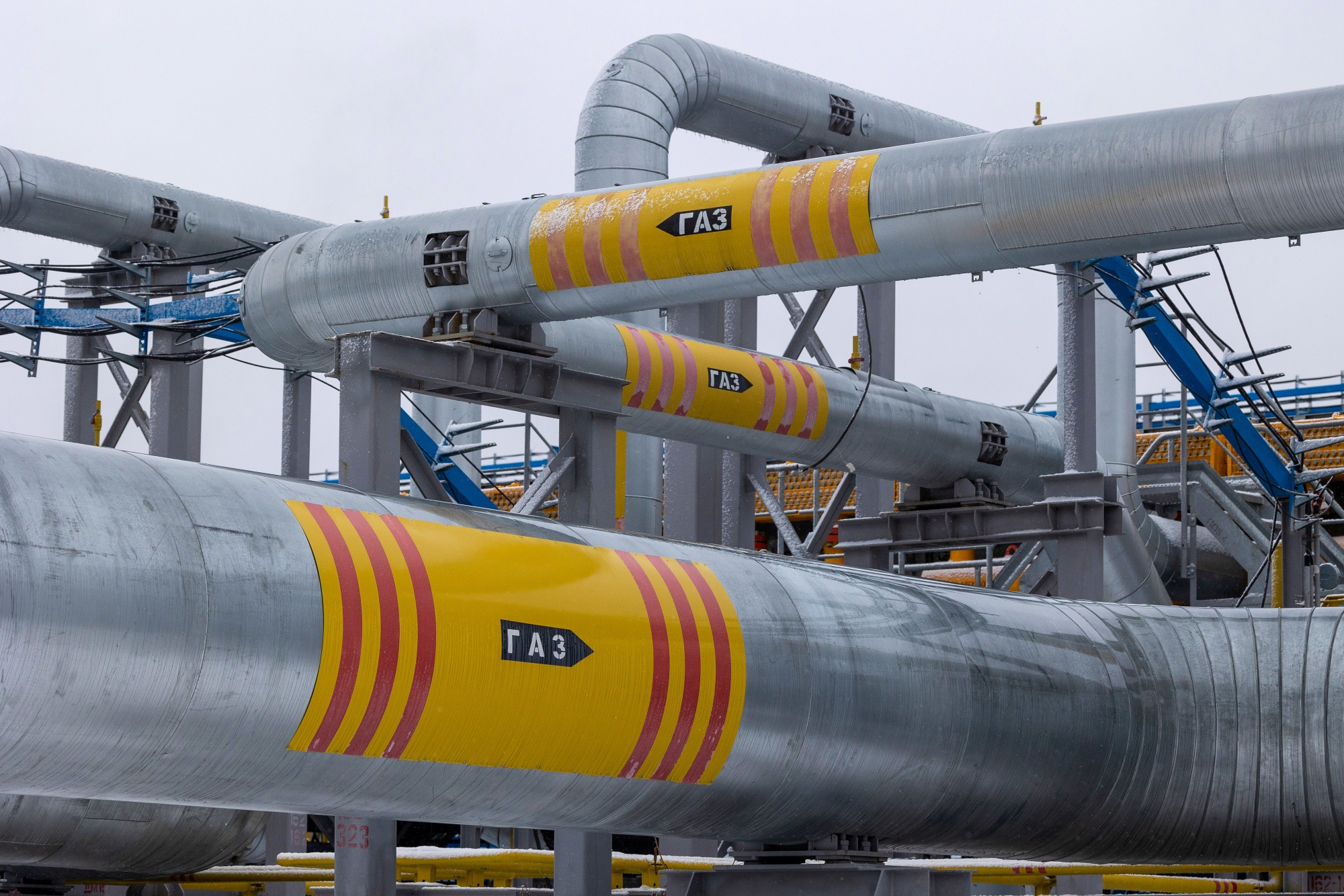 Pipes labelled 'gas' in the yard of the Comprehensive Gas Treatment Unit No.3 at the Gazprom PJSC Chayandinskoye oil, gas and condensate field&nbsp;in the Lensk district of the Sakha Republic, Russia, on Oct. 11.