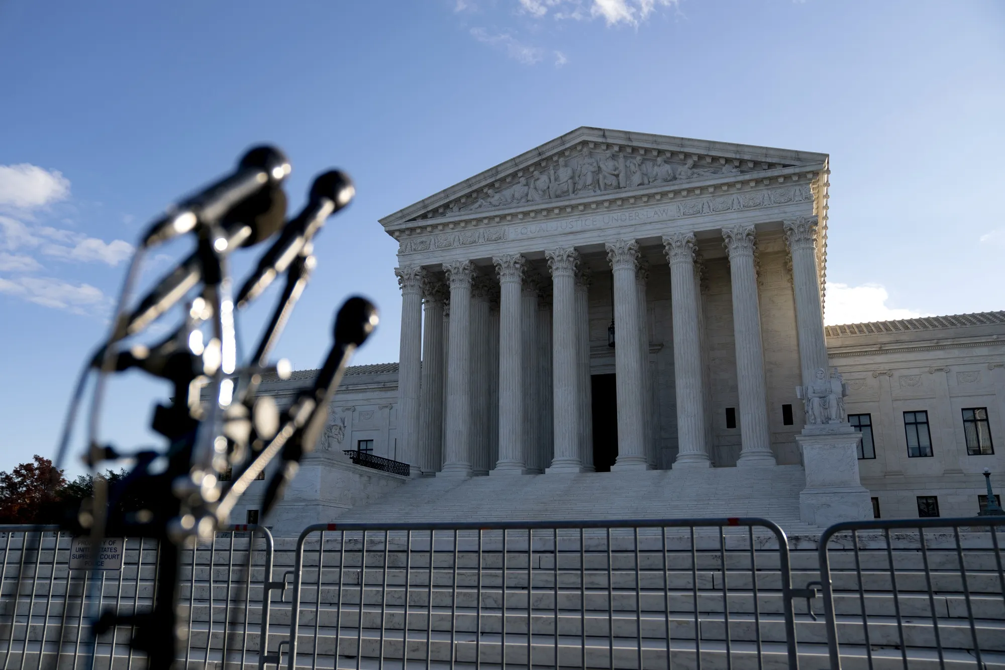 Microphones set up in front of the US&nbsp;Supreme Court building in Washington, DC.