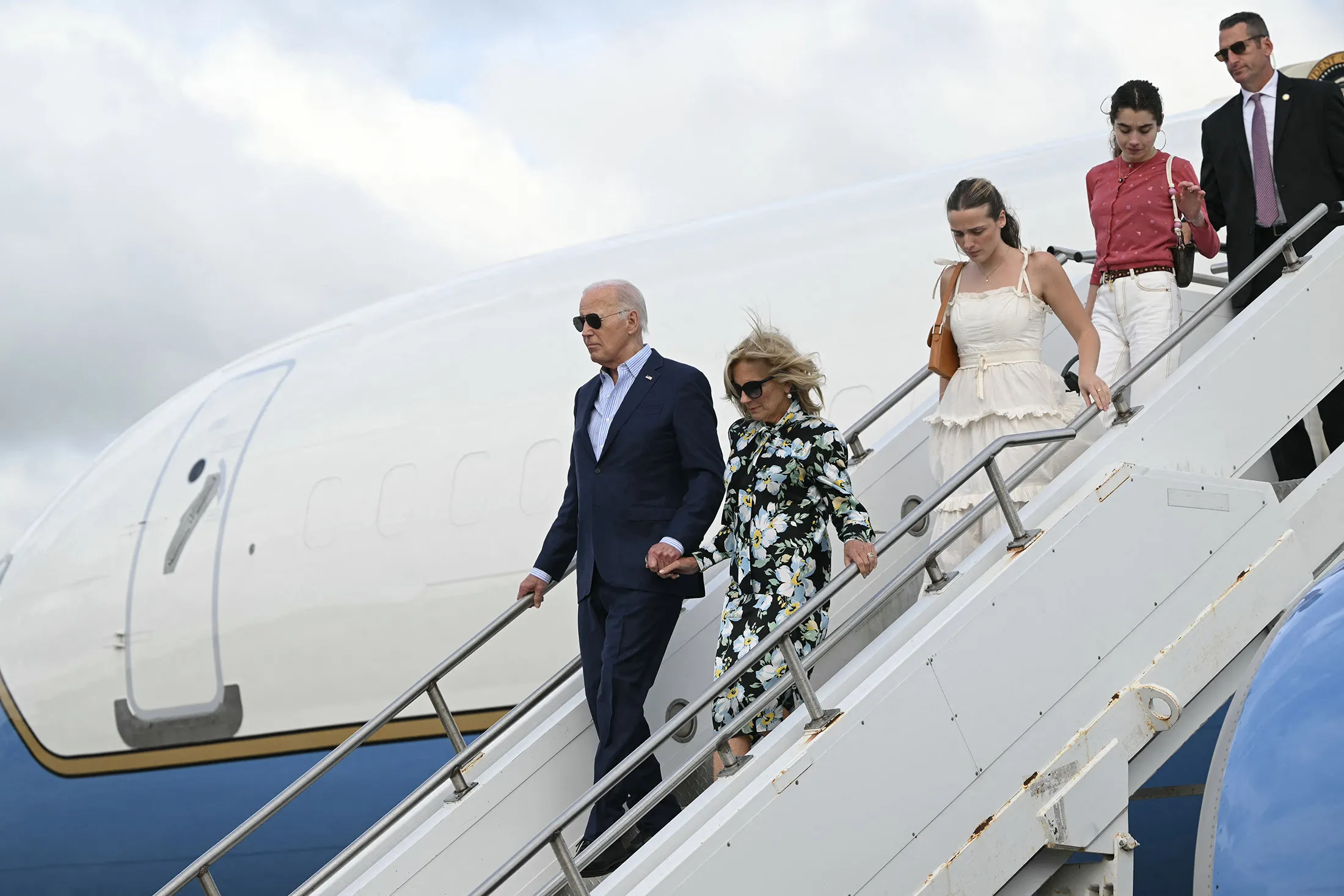 President Joe Biden and First Lady Jill Biden step off Air Force One upon arrival at McGuire Air Force Base in New Jersey on June 29.