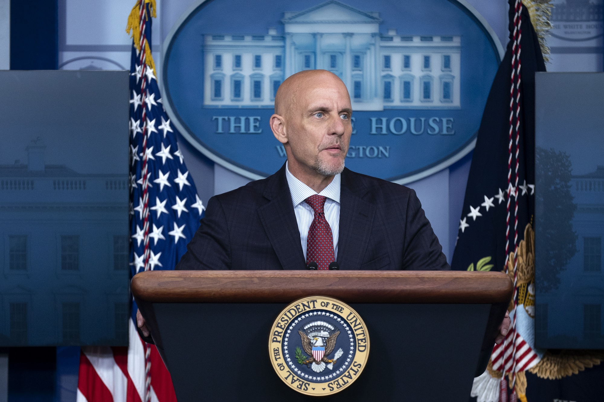 Stephen Hahnspeaks during a news conference in the James S. Brady Press Briefing Room at the White House in Washington D.C., U.S., on Aug. 23.