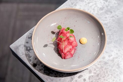 Arctic char tartare, rhubarb, bergamot purée and lemon balm at Frenchie.