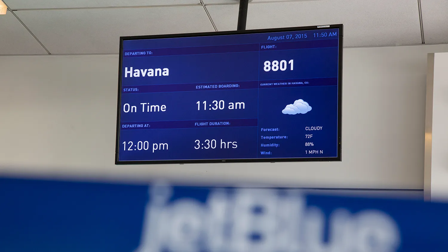 A direct flight to Havana, Cuba, is listed on a screen in Terminal 5 at John F. Kennedy International Airport airport in New York on Aug. 7, 2015.
