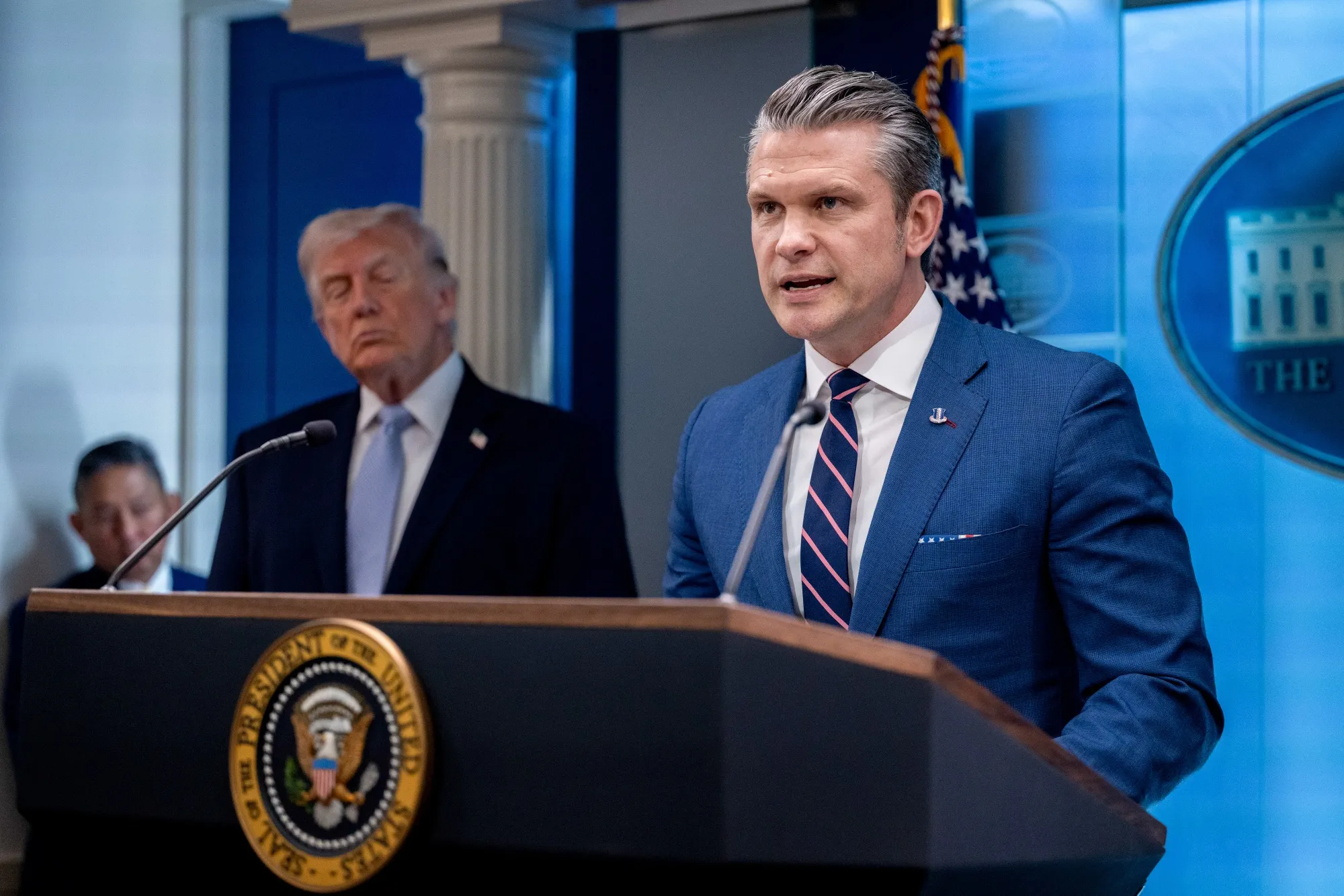 President Donald Trump and Pete Hegseth, US secretary of defense, during a news conference&nbsp;&nbsp;in Washington on&nbsp;April 6,.&nbsp;
