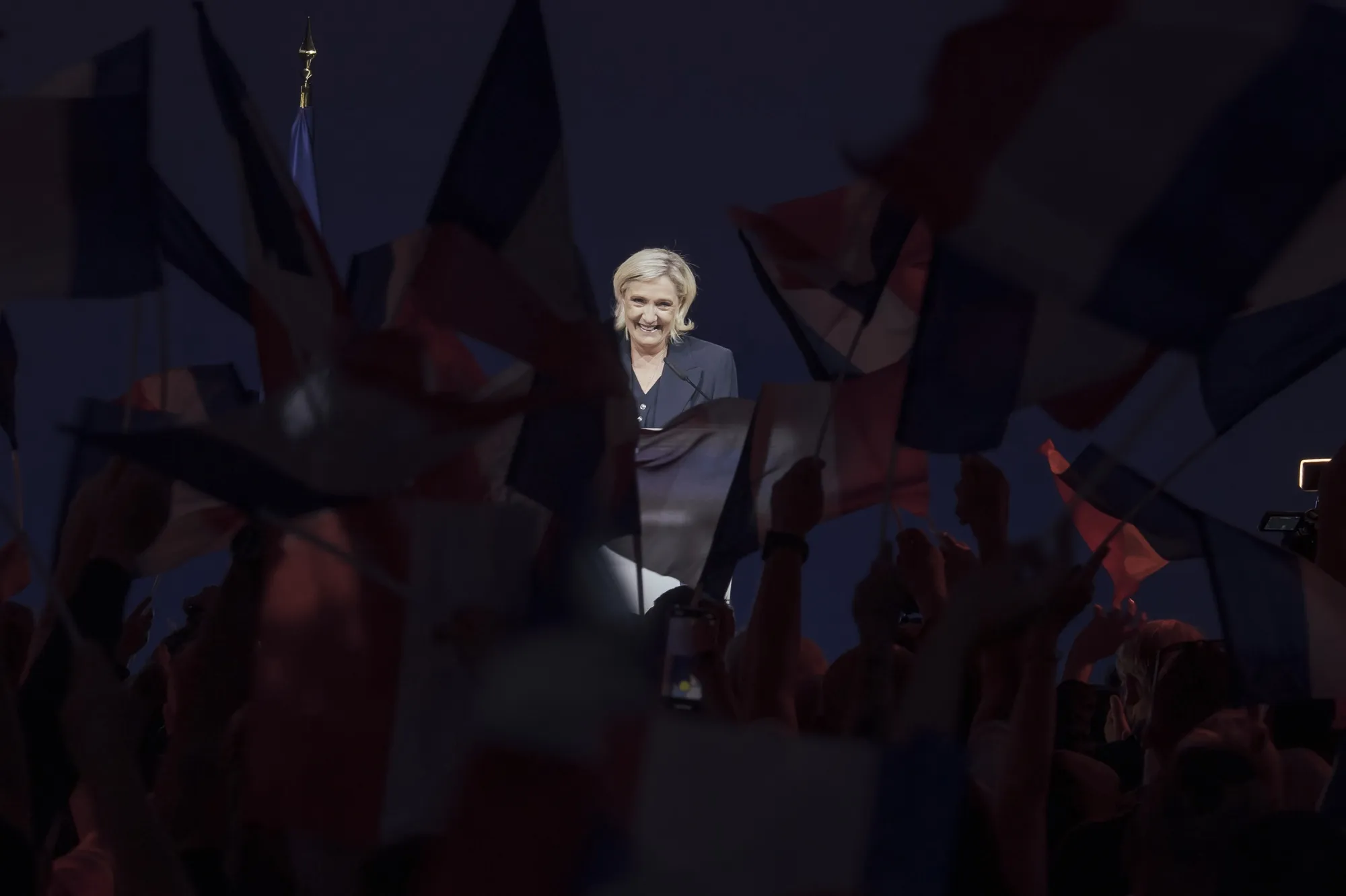 Marine Le Pen addresses supporters at the National Rally&nbsp;headquarters following&nbsp;the first round of legislative elections on June 30.