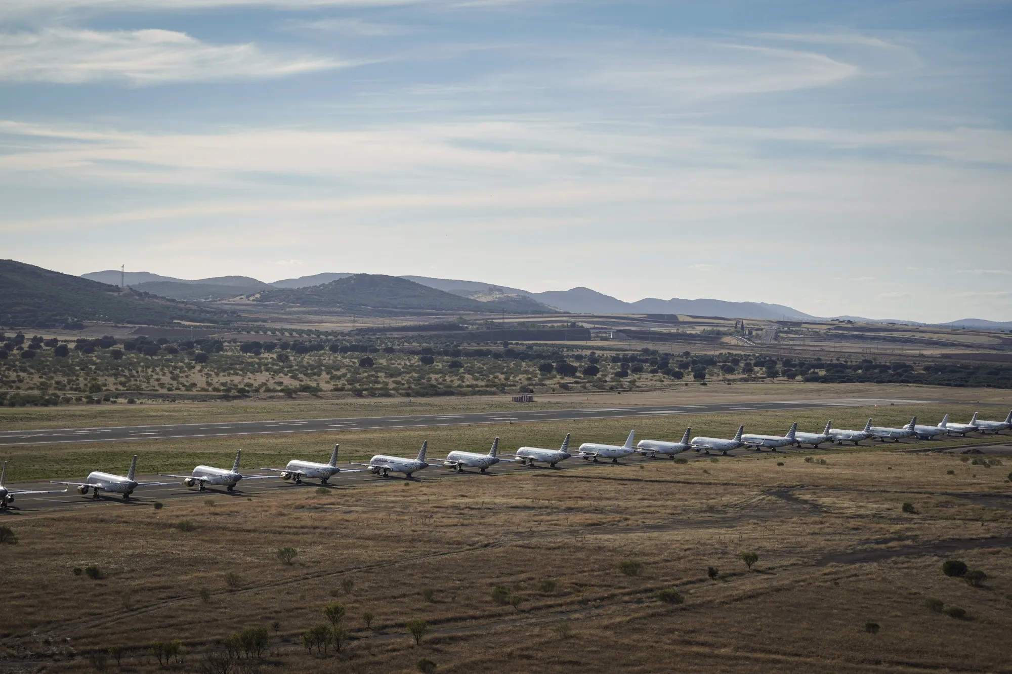 Aircraft parked at Ciudad Real airport, as 31% of global passenger fleet sits idle.
