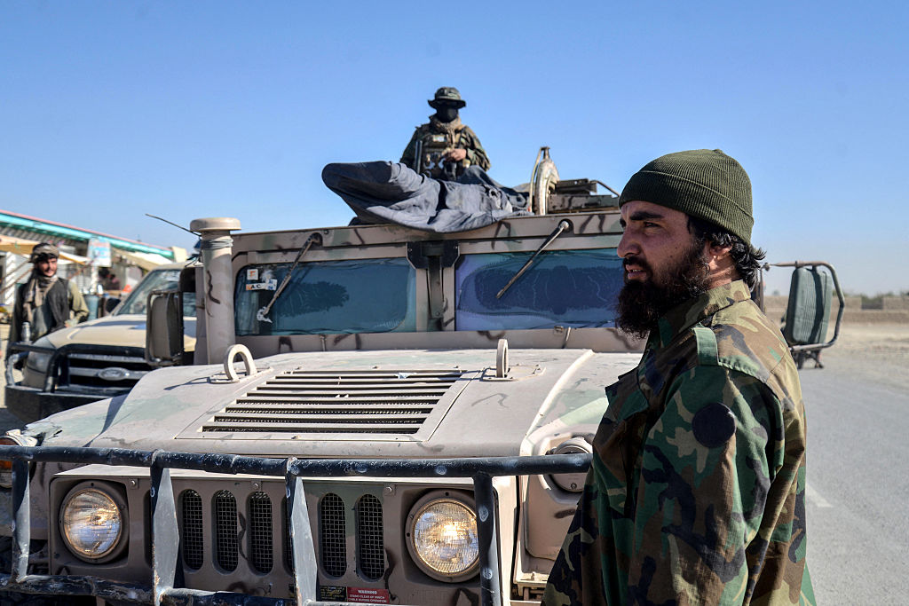 Taliban security personnel patrol on a Humvee in the Shorabak district near the Afghanistan-Pakistan border on October 12, 2025. Key border crossings between Pakistan and Afghanistan were closed on October 12 after fierce clashes erupted overnight following Taliban accusations that Islamabad had carried out air strikes this week, officials said. (Photo by Sanaullah SEIAM &#x2F; AFP) (Photo by SANAULLAH SEIAM&#x2F;AFP via Getty Images) Photographer: SANAULLAH SEIAM&#x2F;AFP