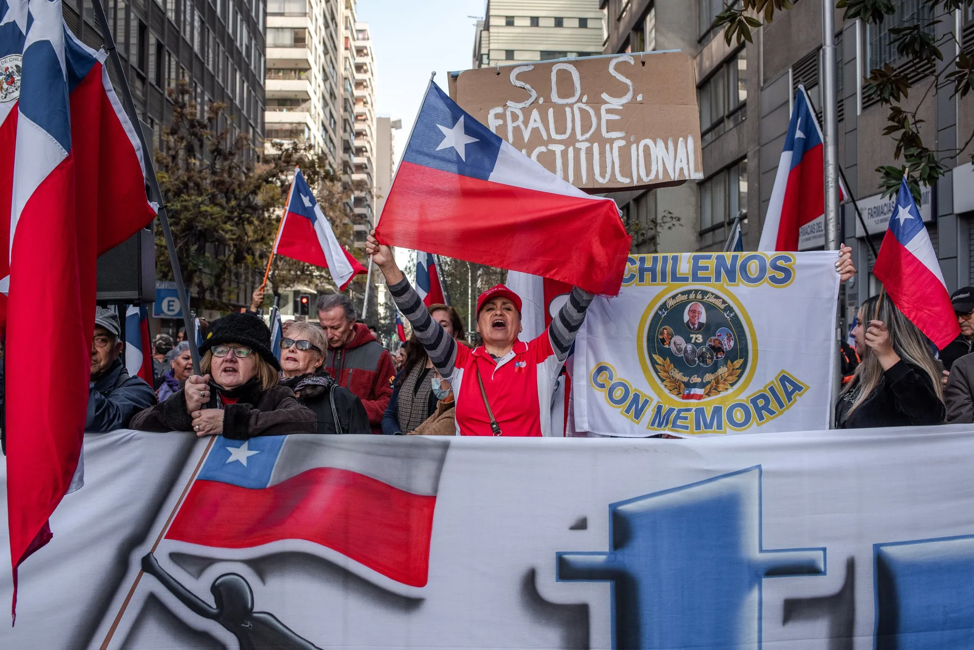 Demonstrators protest against the constitutional process in Santiago, Chile on June 7, 2023.