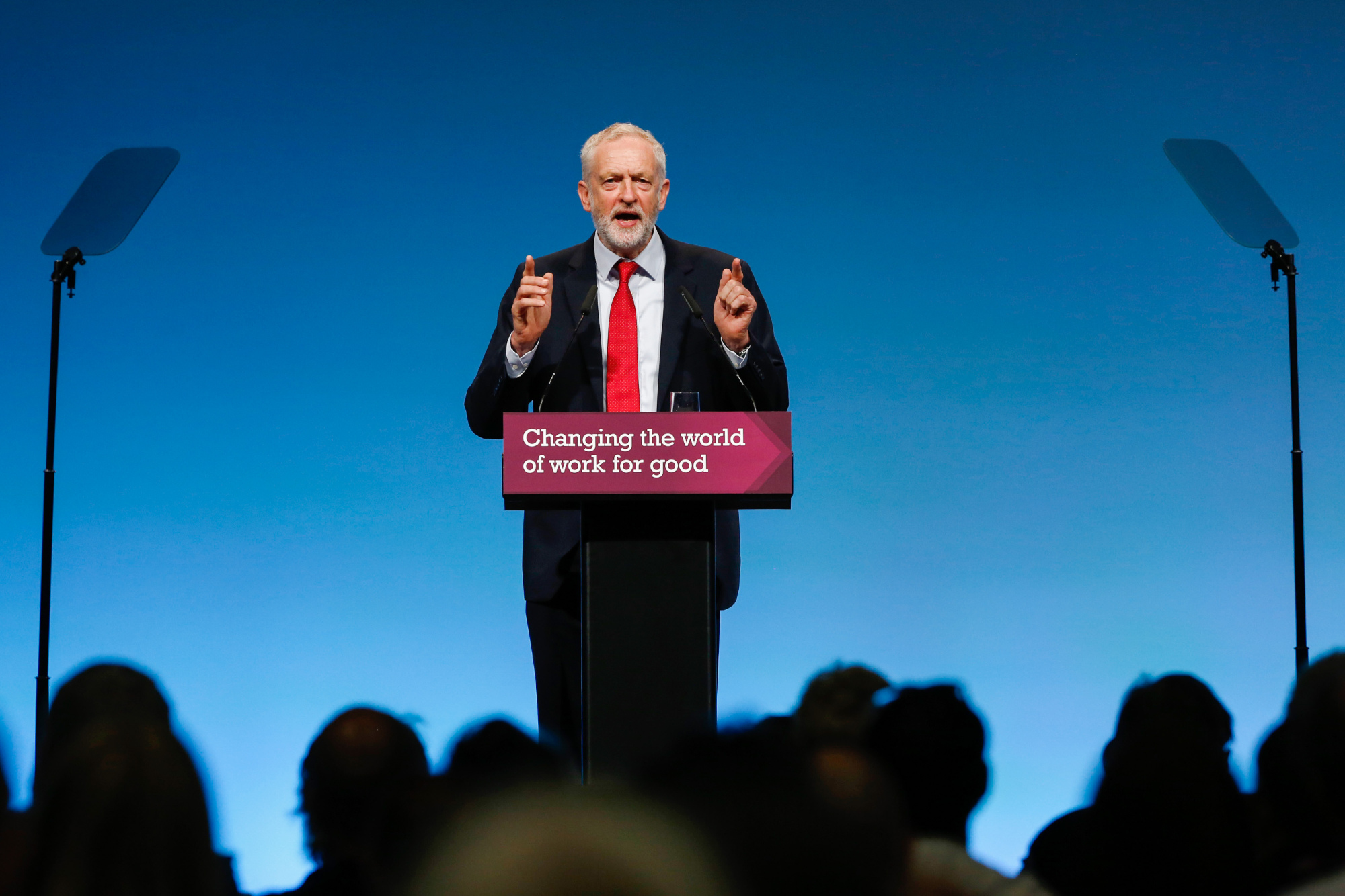 Jeremy Corbyn, leader of U.K.'s opposition Labour Party, speaks at the annual Trades Union Congress conference at Brighton, U.K., on Sep. 12, 2017.
