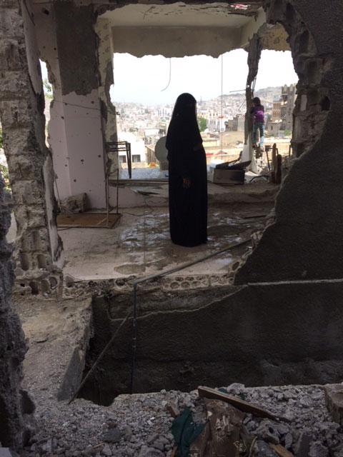 Najla Alhindi at her bombed out home in Taiz, June 2016.