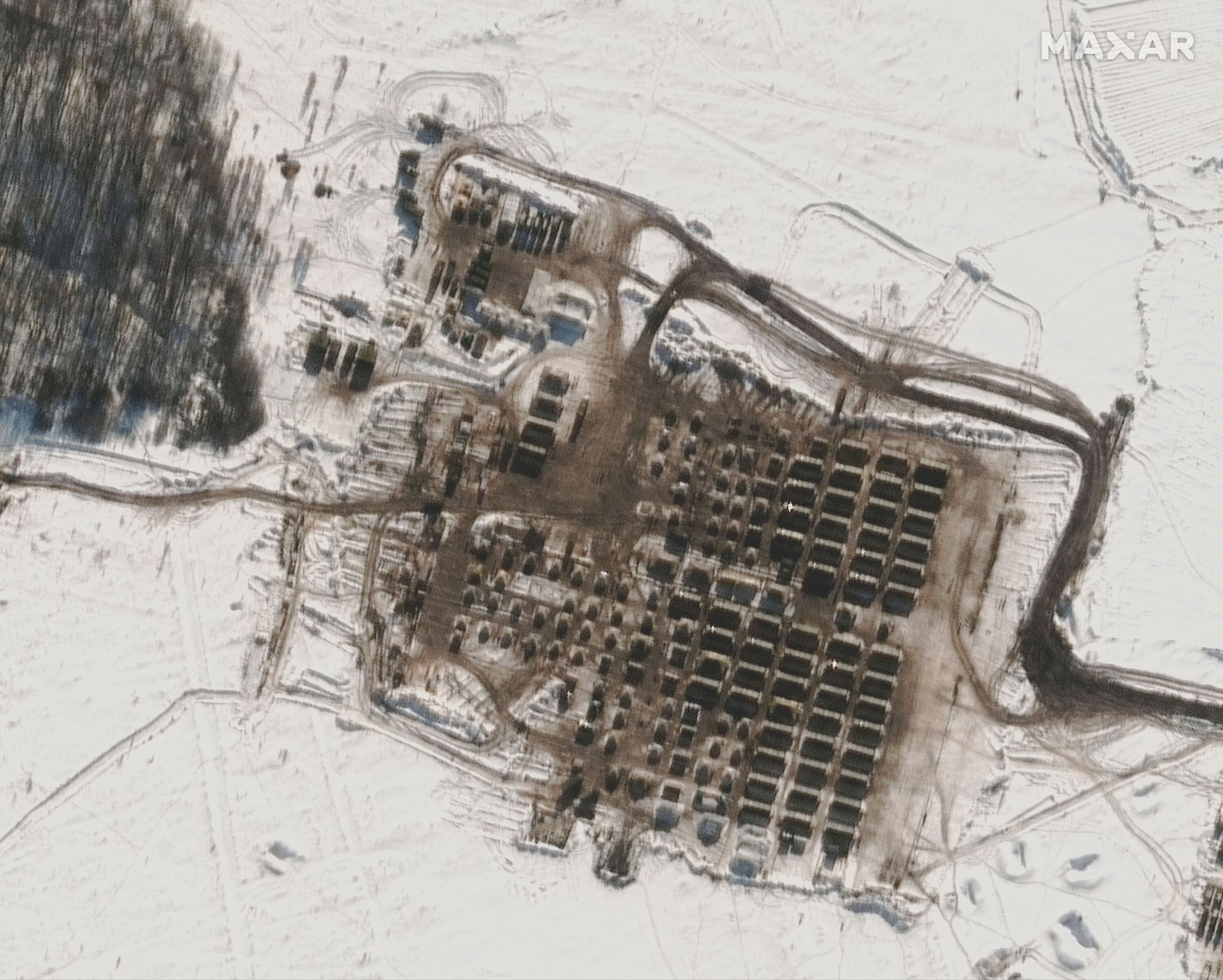 Maxar Technologies captured satellite imagery of tents and troop housing at the Kursk training area in Russia on Feb. 9.