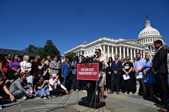 Marina Lacerda, an accuser in the Jeffrey Epstein case, speaks during a press conference and rally in support of Epstein victims outside the US Capitol on Sept. 3, 2025. 