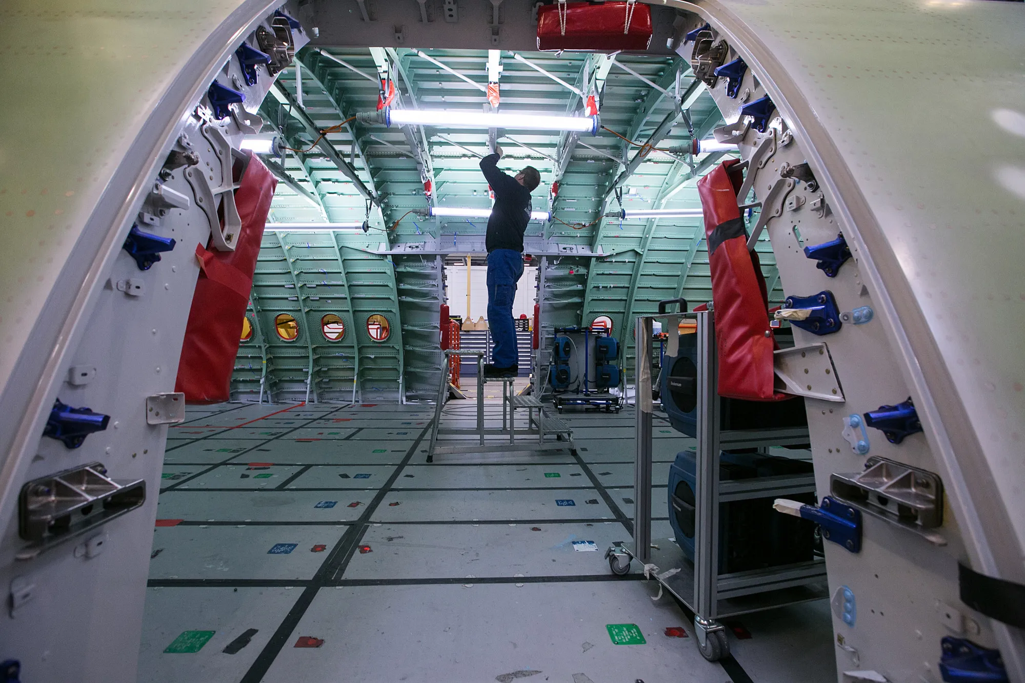 An employee works on the Airbus SE assembly line in Hamburg, Germany, on&nbsp;Feb. 27.
