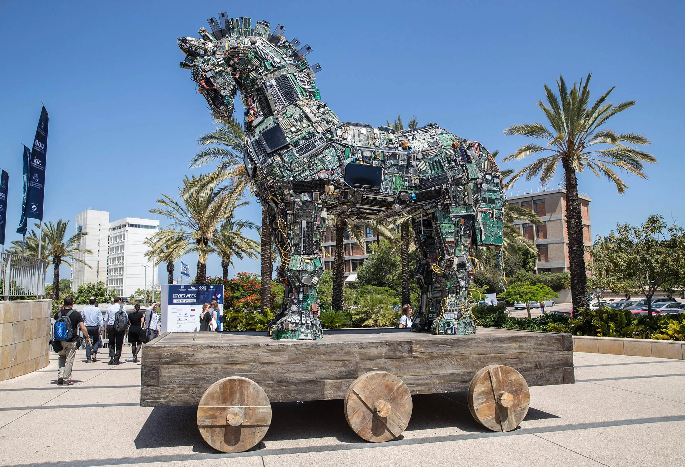 A replica of the Trojan horse made up of thousands of computer and mobile phone components in Tel Aviv.
