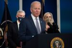 US President Joe Biden (C) announces Jerome Powell (L) as his nominee for Chair and Lael Brainard (R) as Vice Chair of the Board of Governors of the Federal Reserve System.