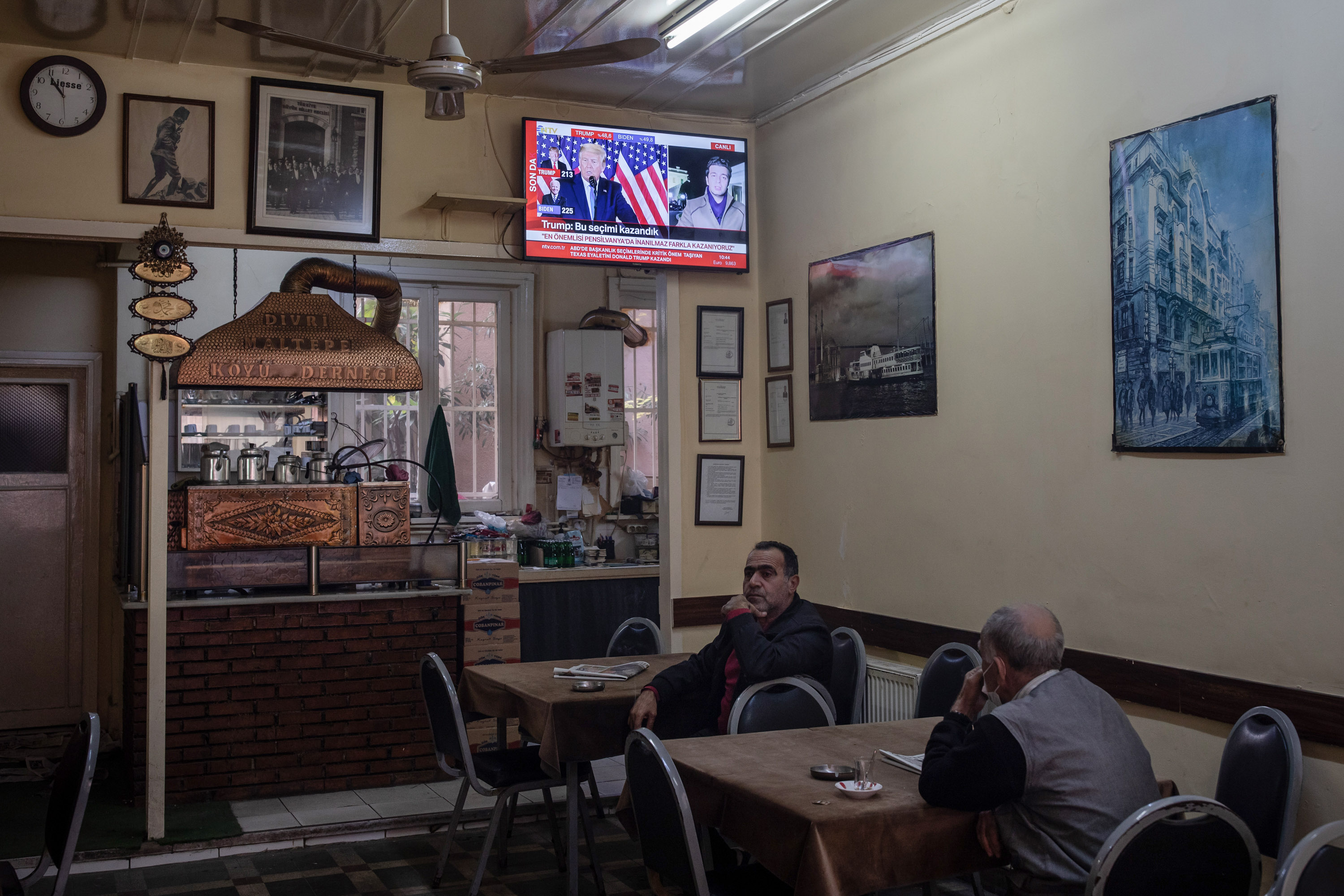 A television broadcast of Donald Trump during election news coverage, inside a teahouse in Istanbul, on Nov. 4.