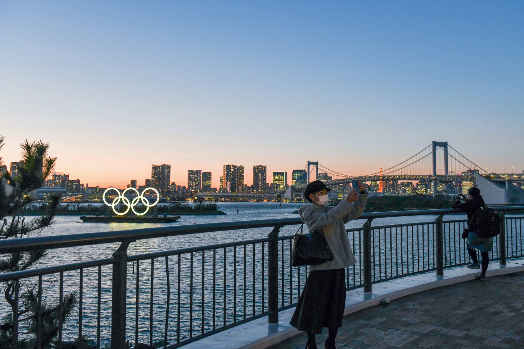 The floating Olympic rings installed near Odaiba, Tokyo, March 24.