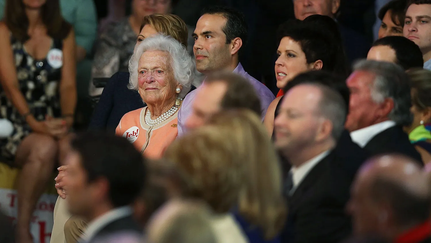 Barbara Bush listens to her son Jeb Bush announce his plan to seek the Republican presidential nomination on June 15 , 2015, in Miami.
