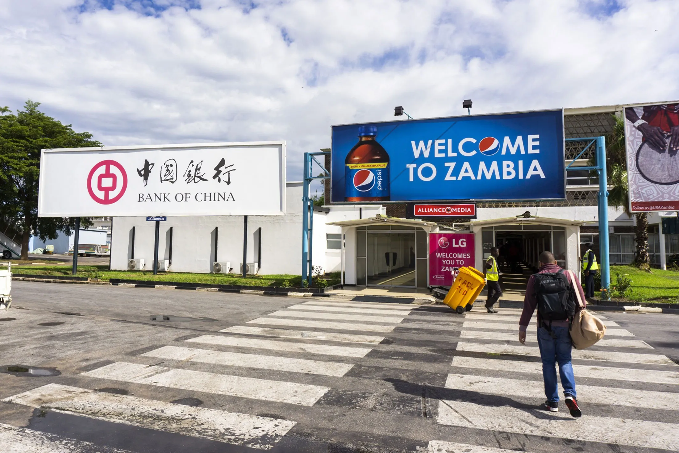 Bank of China billboard, outside the arrivals area at Kenneth Kaunda International Airport in Lusaka, Zambia.