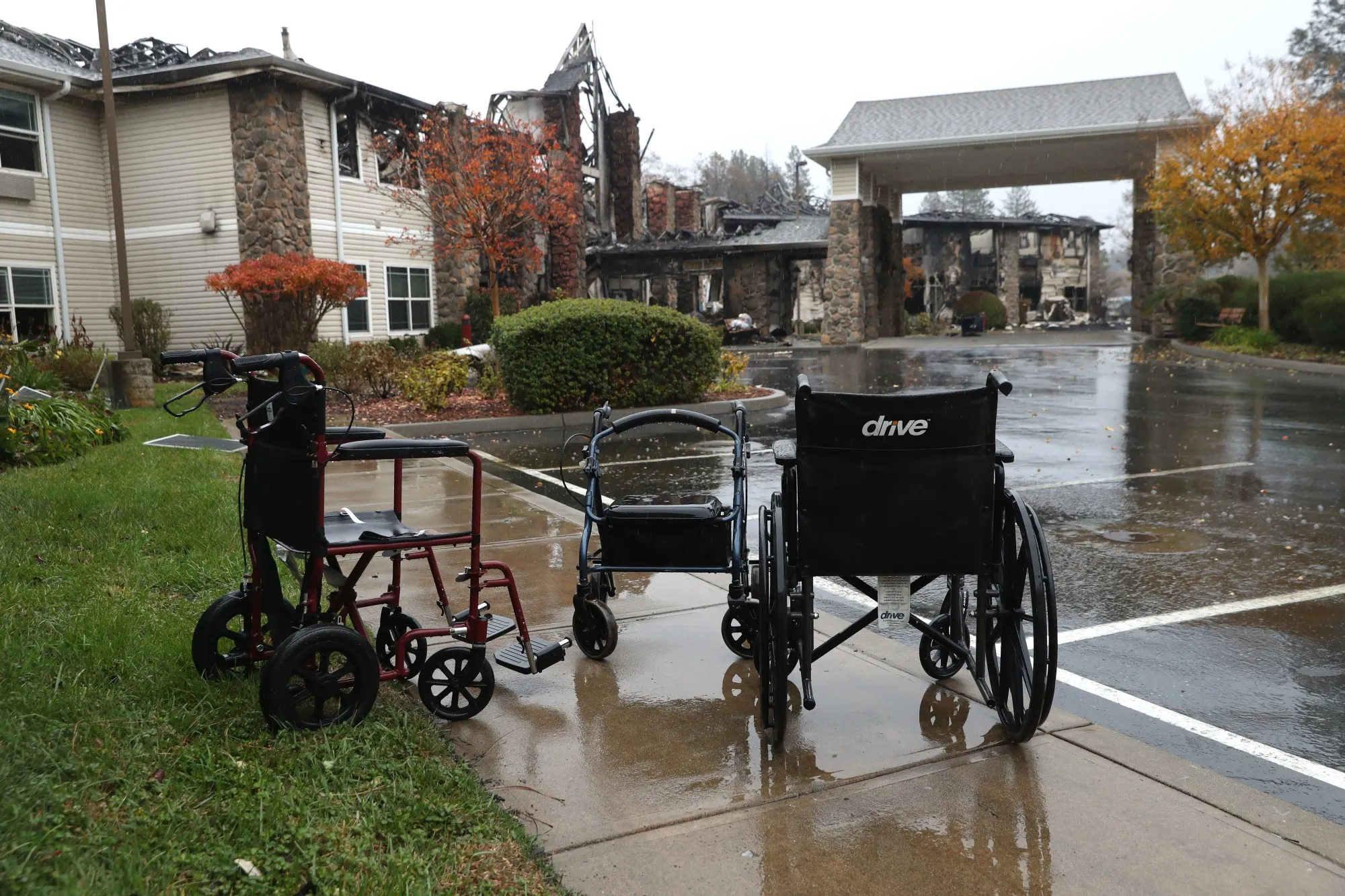Wheelchairs sit in front of a senior living facility destroyed by wildfire in&nbsp;Paradise, California, in 2018.&nbsp;