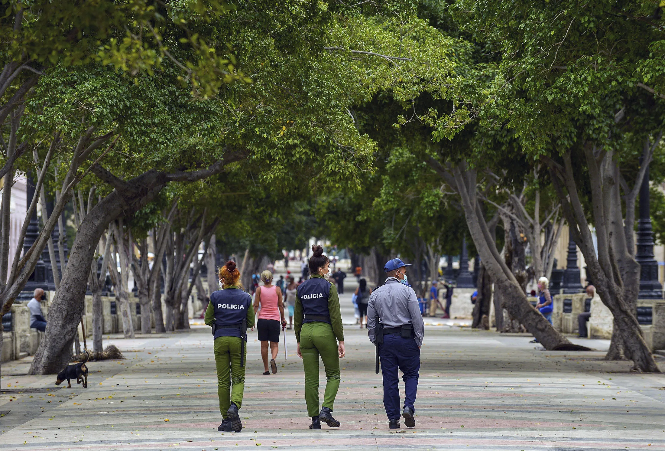 Police officers walk along El Paseo del Prado street in Havana, on Nov. 15.&nbsp;