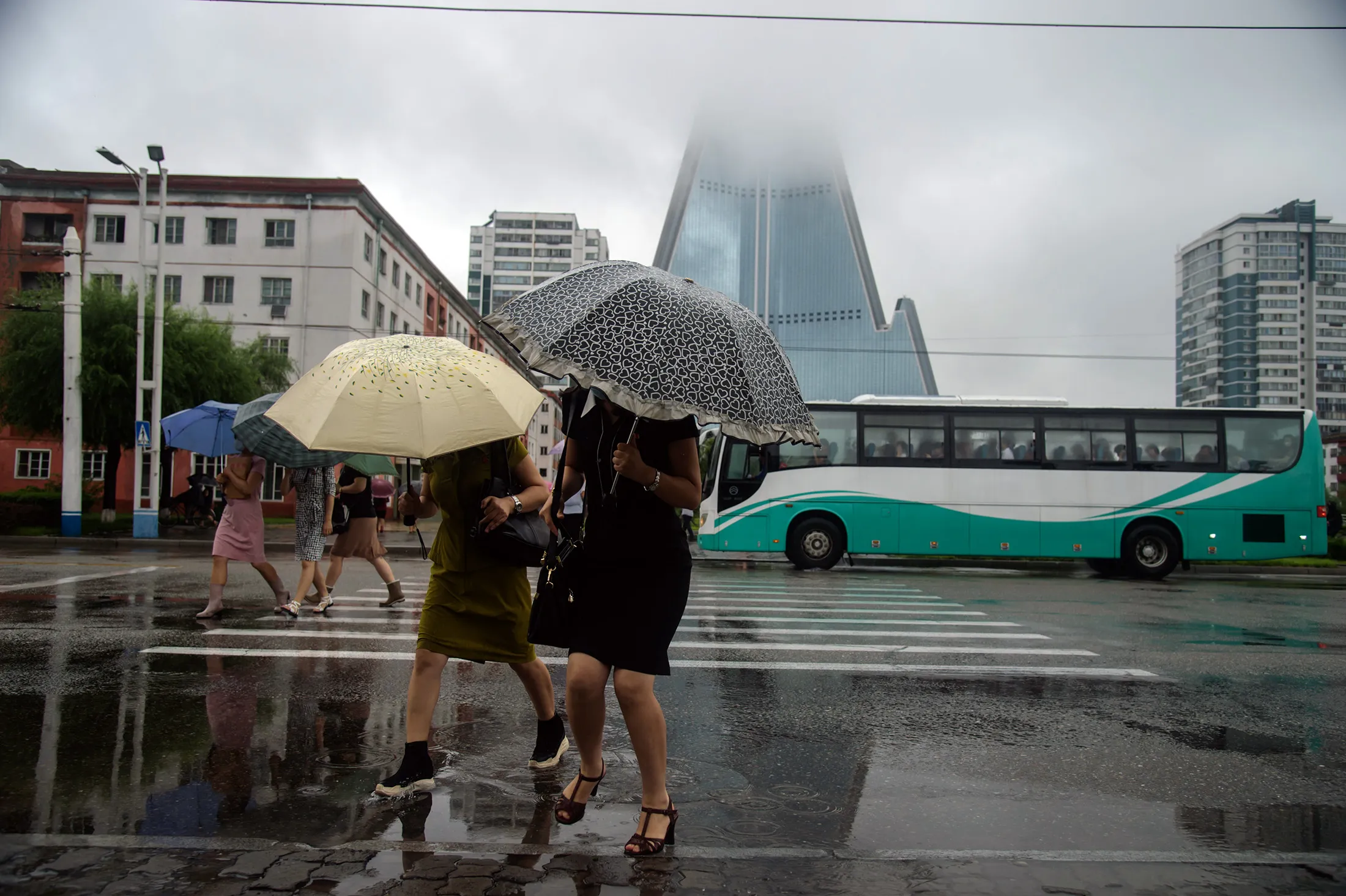 Pedestrians shelter beneath umbrellas as they walk through a rain shower in Pyongyang on Aug.5.&nbsp;