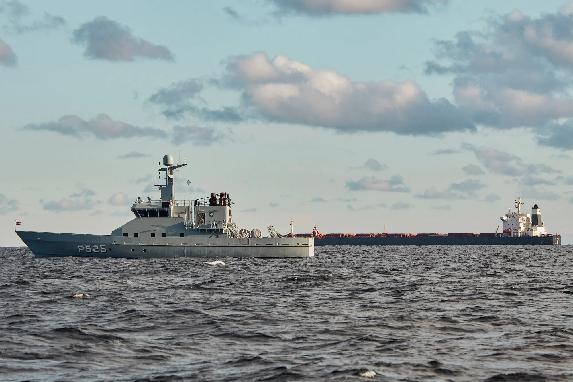 Yi Peng 3&nbsp;is anchored and monitored by naval patrol vessels in the sea of Kattegat, near in Jutland, Denmark, on Nov. 20.