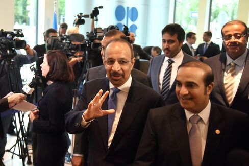 Khalid Al-Falih, center, arrives at the OPEC conference on June 2.