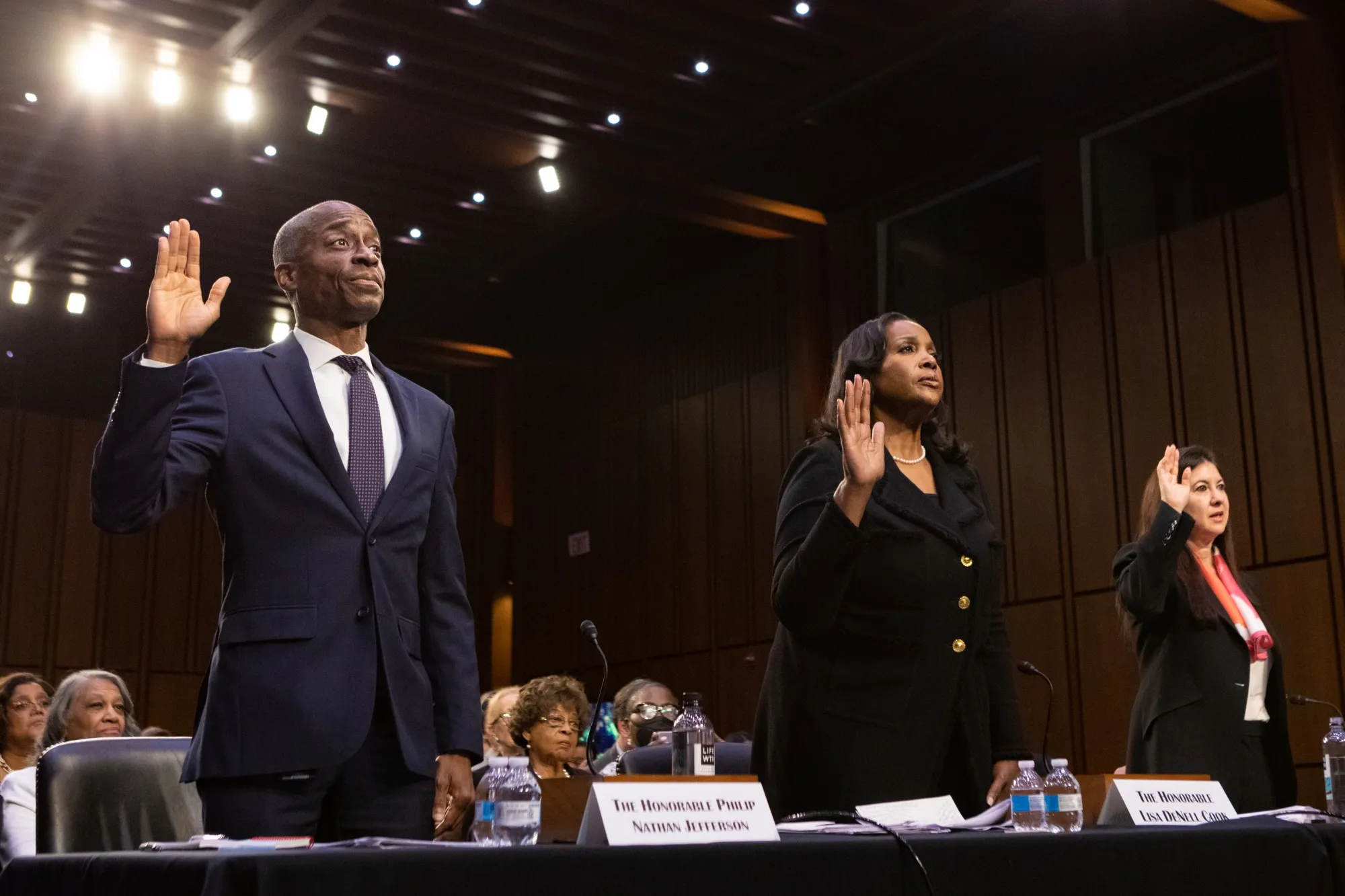 From left, Philip Jefferson, Lisa Cook and Adriana Kugler are sworn in during their June 21 confirmation hearing. 