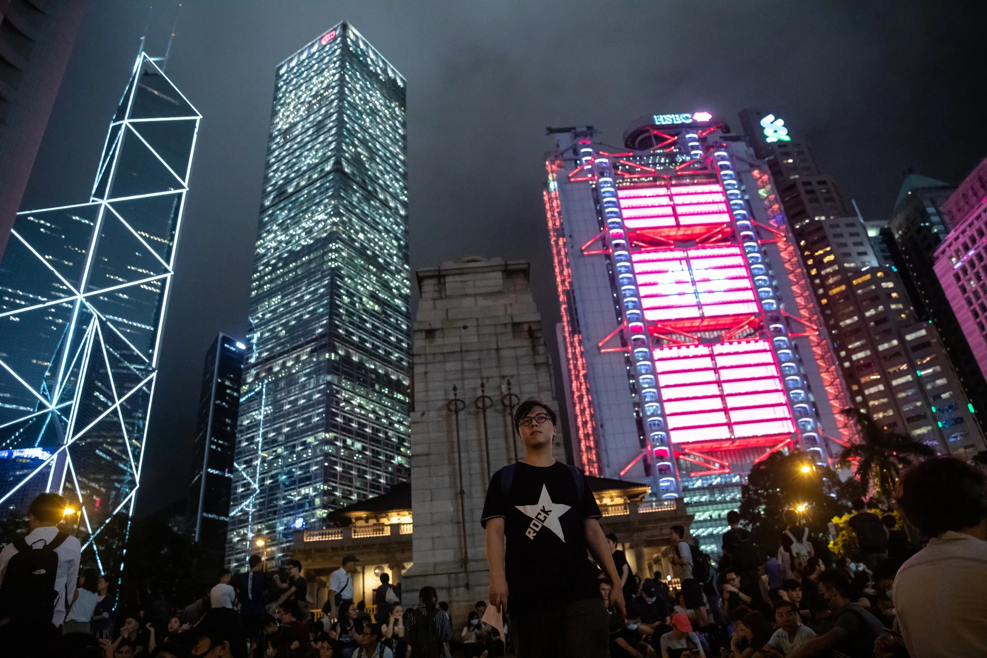 Demonstrators gather at Statue Square, outside the HSBC headquarters building, on Aug. 2.