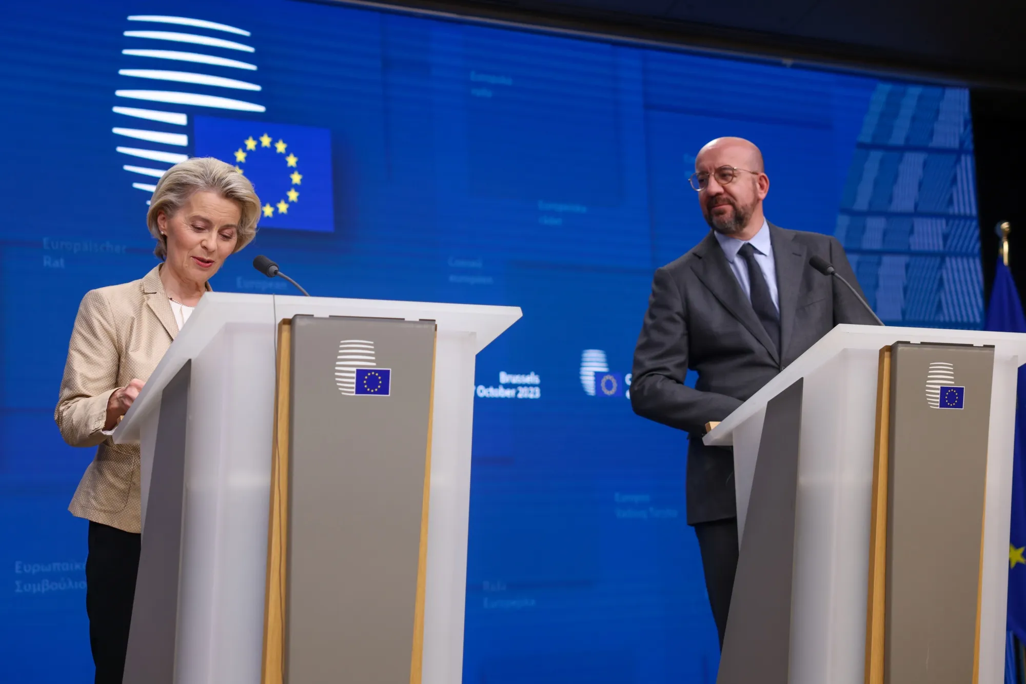 Ursula von der Leyen, president of the European Commission, left, and Charles Michel, president of the European Council