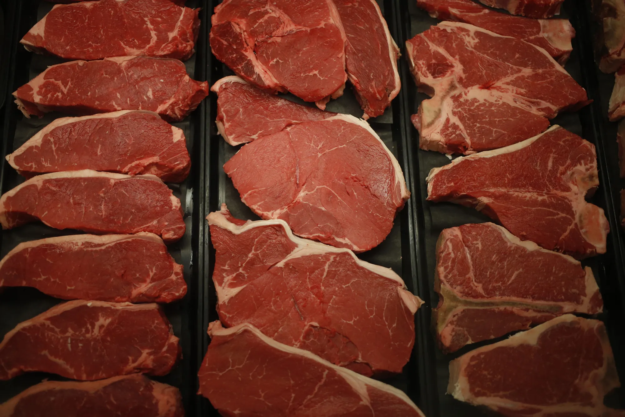 Beef sirloin steaks are displayed behind the meat counter at a Publix Super Markets Inc. grocery store in Knoxville, Tennessee, U.S., on Wednesday, March 5, 2014. Publix's sales for the fourth quarter of 2013, were $7.4 billion, a 5.3 percent increase from last year's $7.0 billion.
