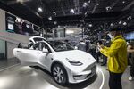 A China-made Tesla Model Y at the Auto Shanghai 2021 show in April 2021. 