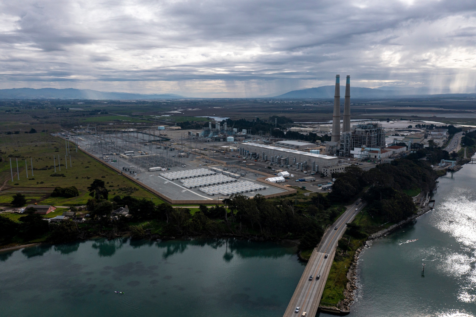 The Elkhorn Battery Energy Storage System next to the Vistra Moss Landing natural gas fired power plant in California.