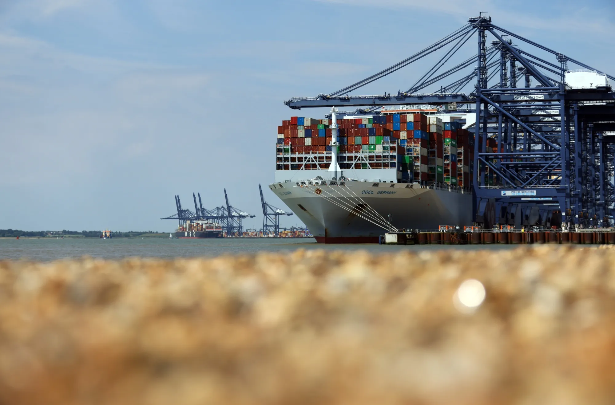 A container ship docked at the Port of Felixstowe in Felixstowe, UK.
