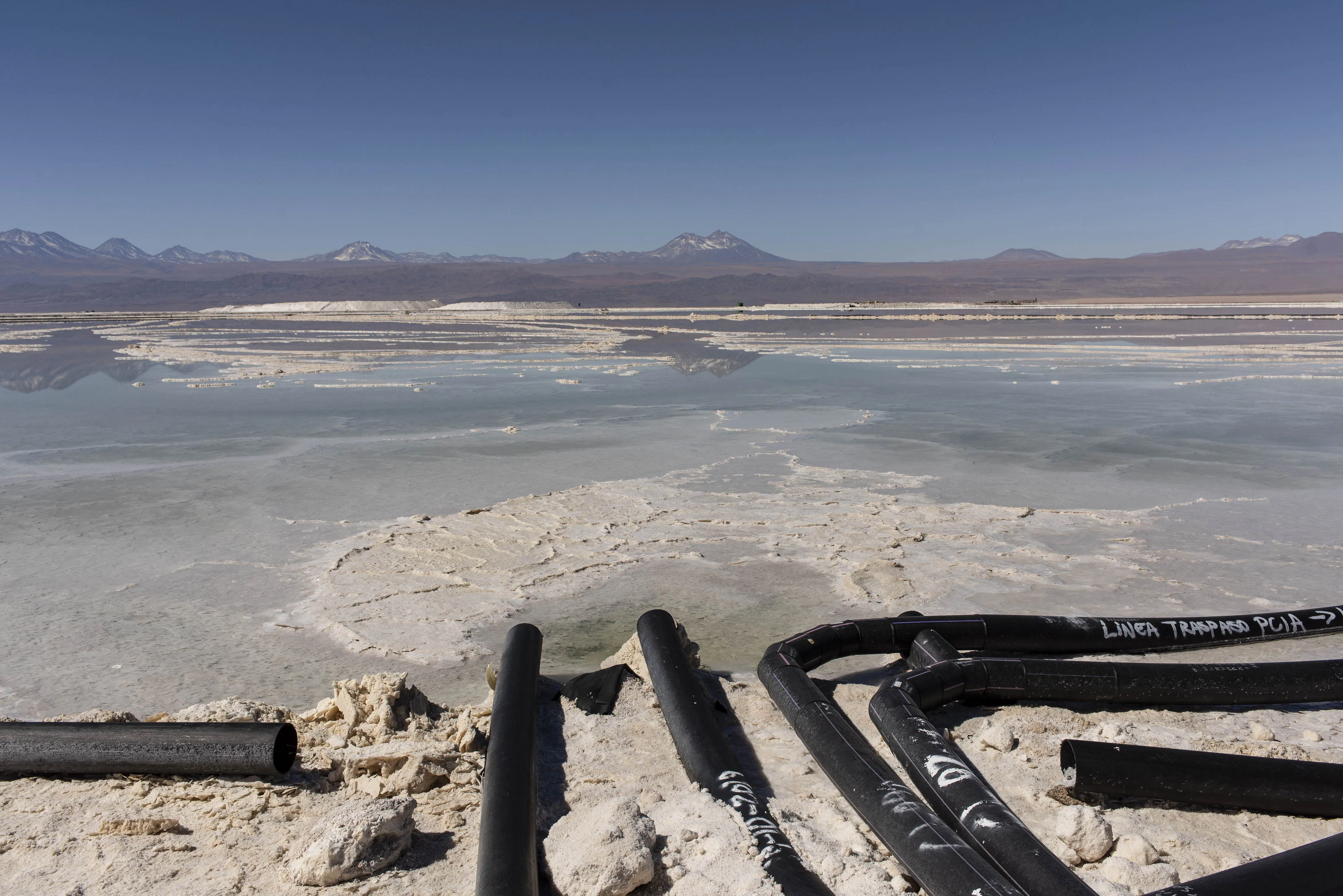 Pipes to pump brine from pools at the Albemarle Corp. Lithium mine in Calama, Chile.