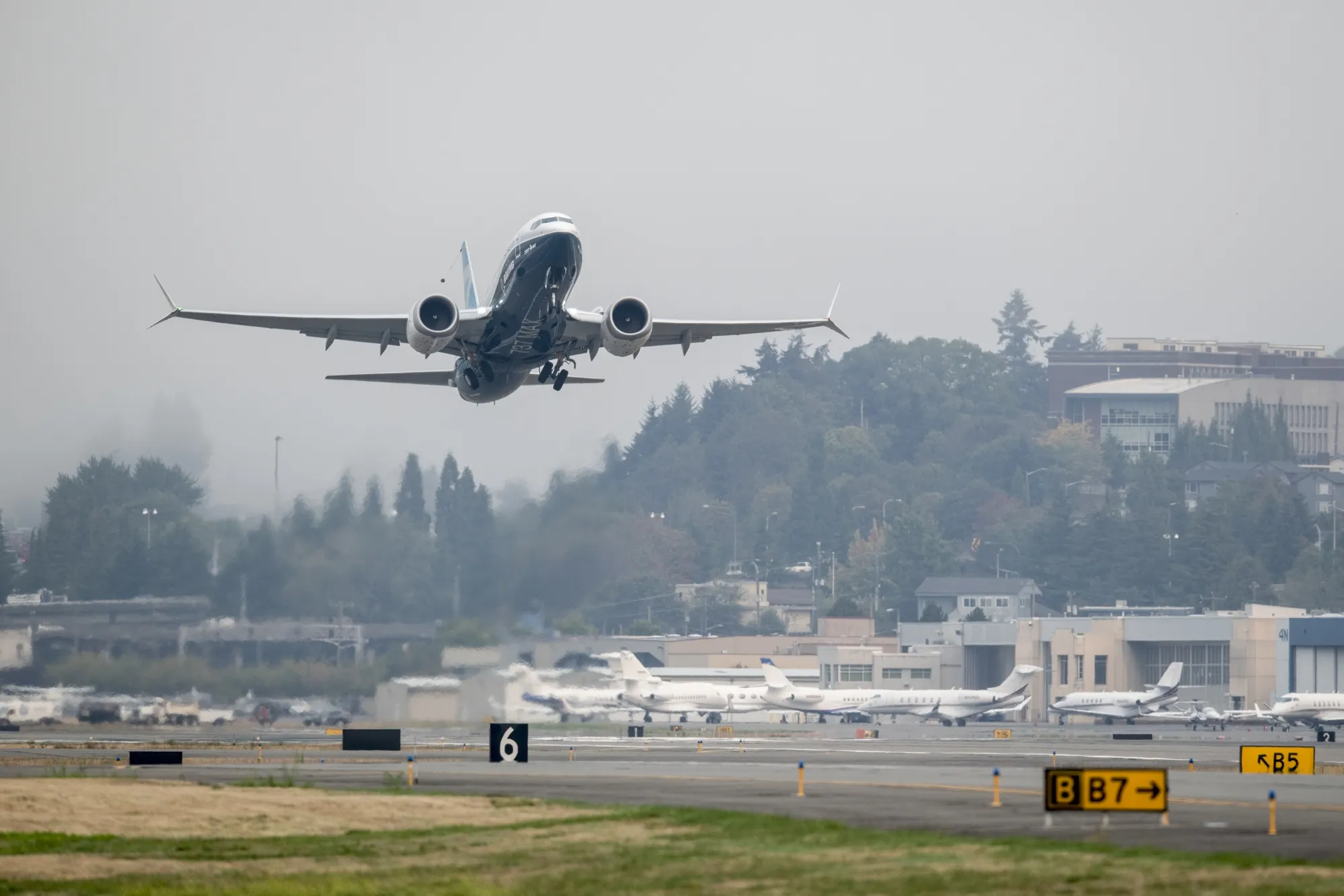 The Boeing Co. 737 Max airplane takes off during a test flight in Seattle, Washington, on&nbsp;Sept. 30.&nbsp;