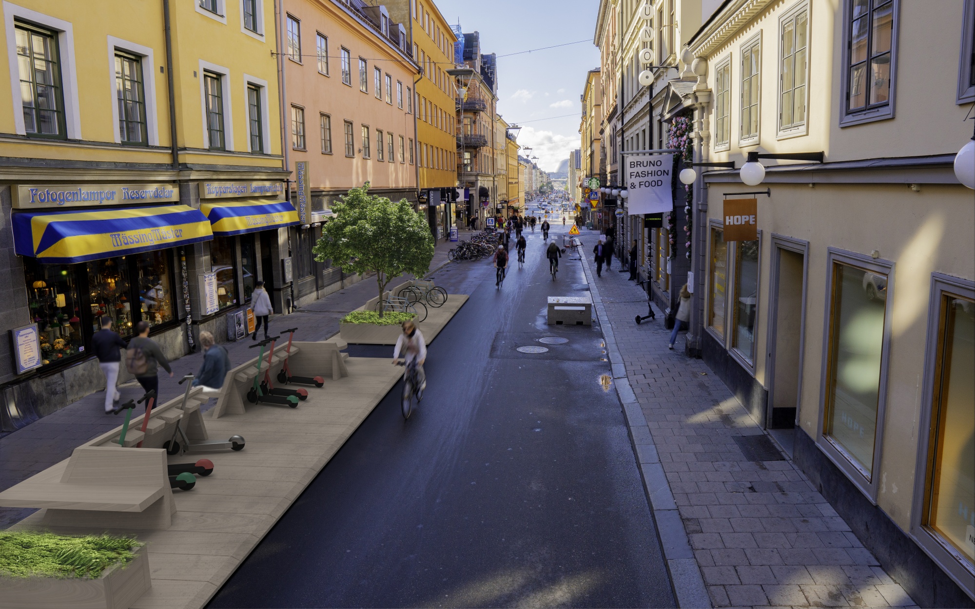 Sweden’s Street Moves project aims to introduce&nbsp;adaptable curb elements like this scooter-parking and seating unit to every street in the nation by 2030.&nbsp;