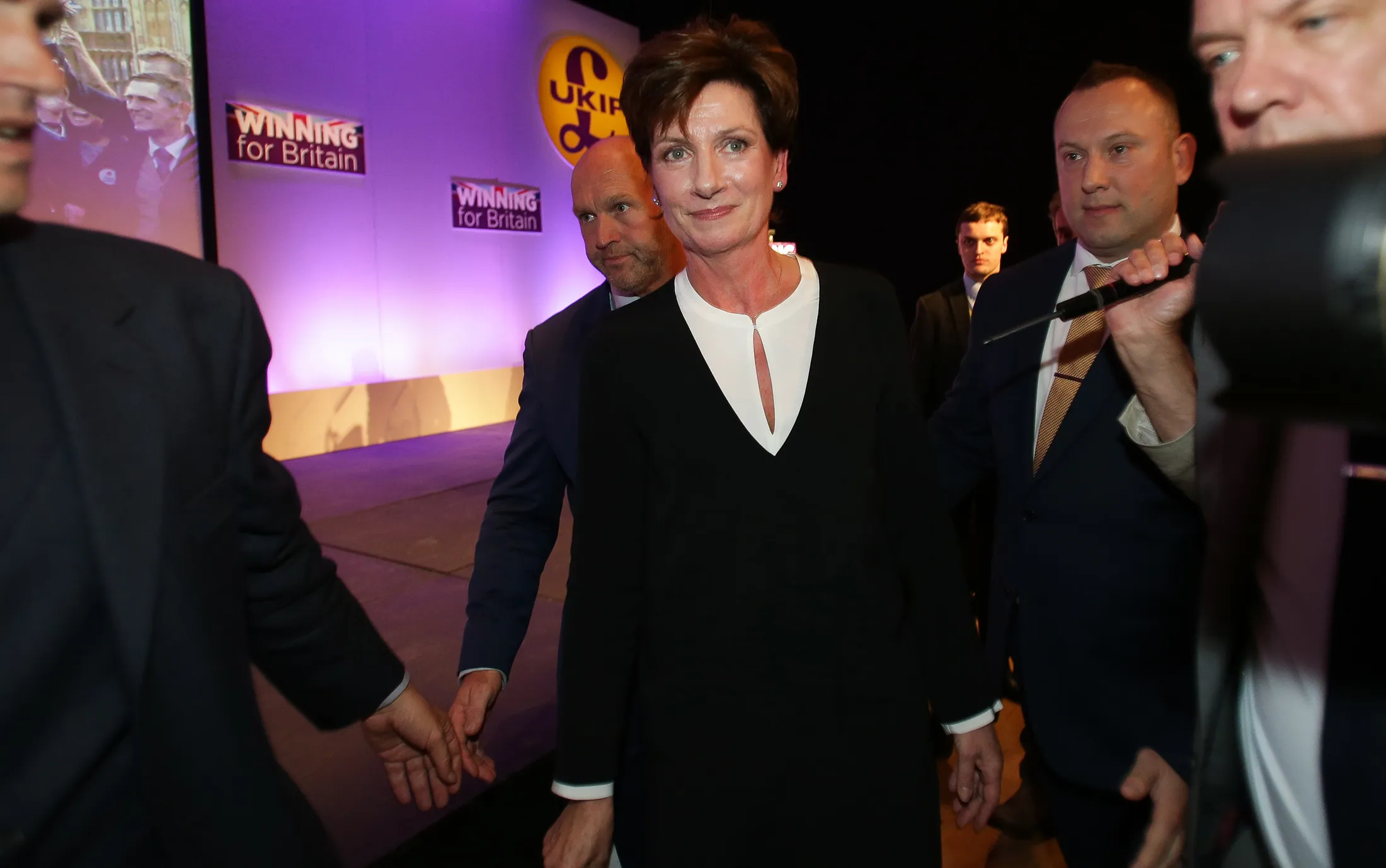 Diane James leaves the stage after she is introduced at the UKIP Autumn Conference in Bournemouth, on the southern coast of England, on Sept. 16, 2016.
