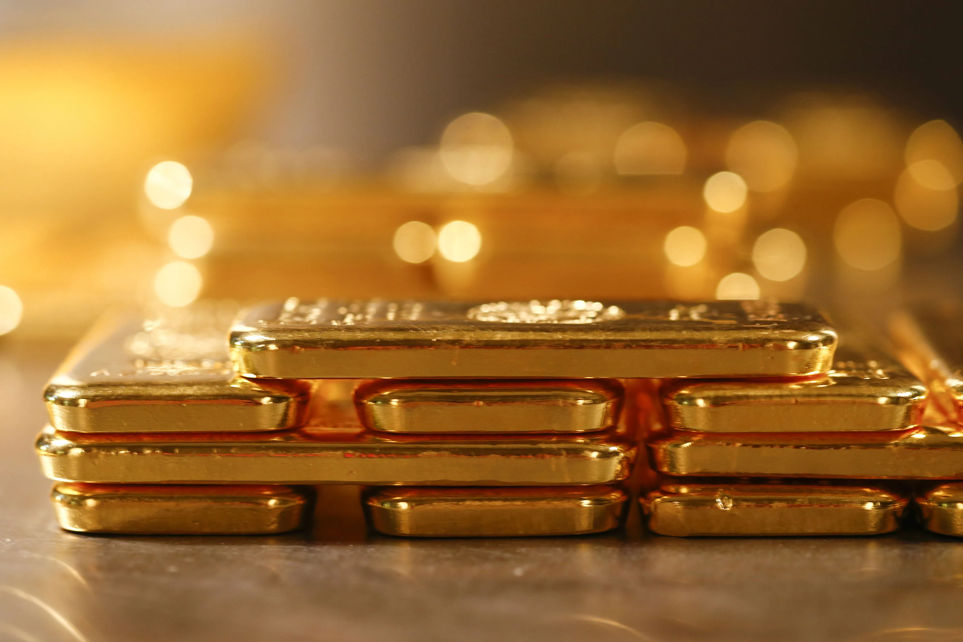 One kilogram fine gold bars sit stacked in the precious metals vault at Pro Aurum KG in Munich, Germany, on Wednesday, July 10, 2019.&nbsp;