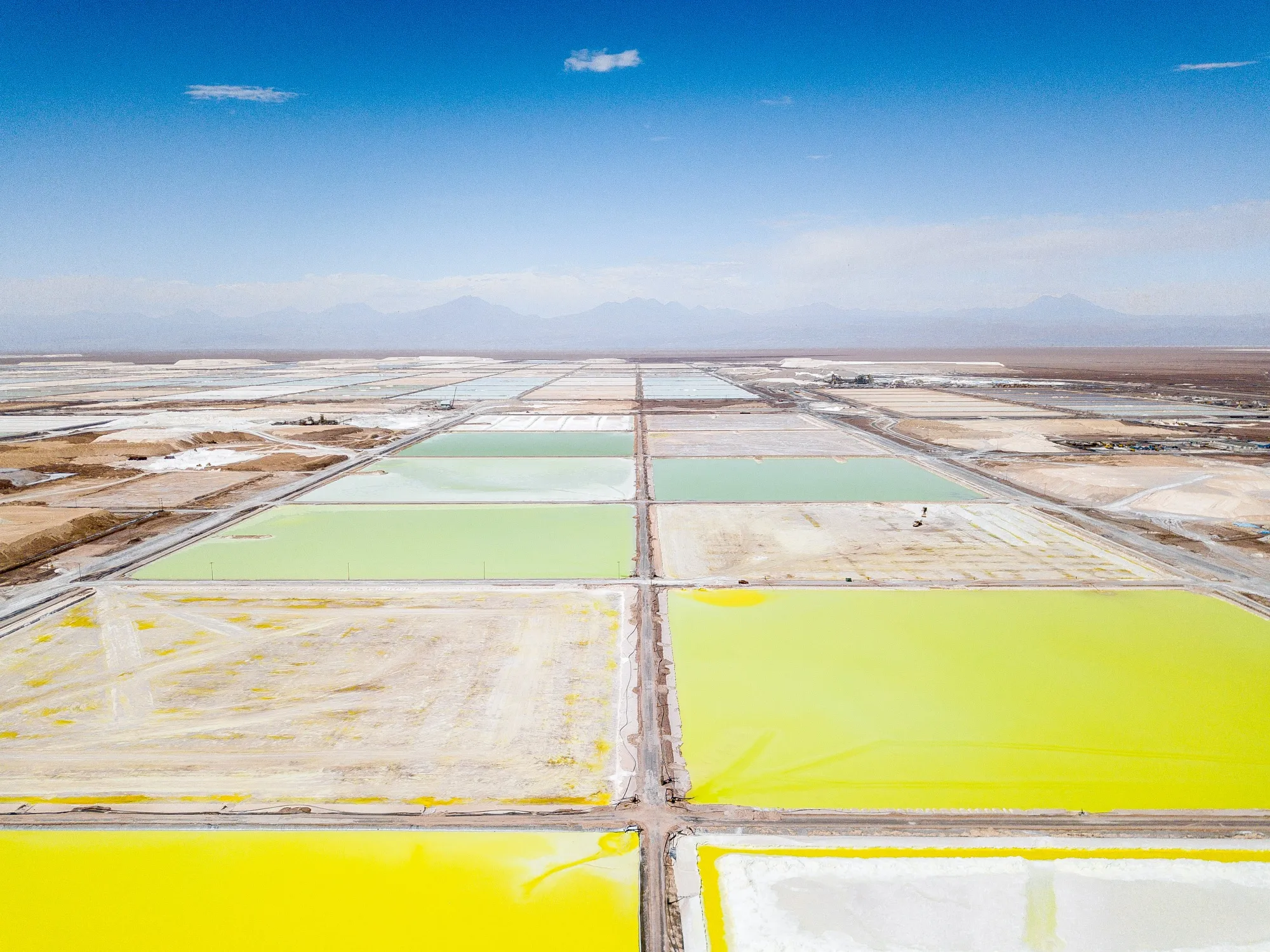 Brine pools at an SQM lithium mine on the Atacama salt flat in the Atacama Desert, Chile.