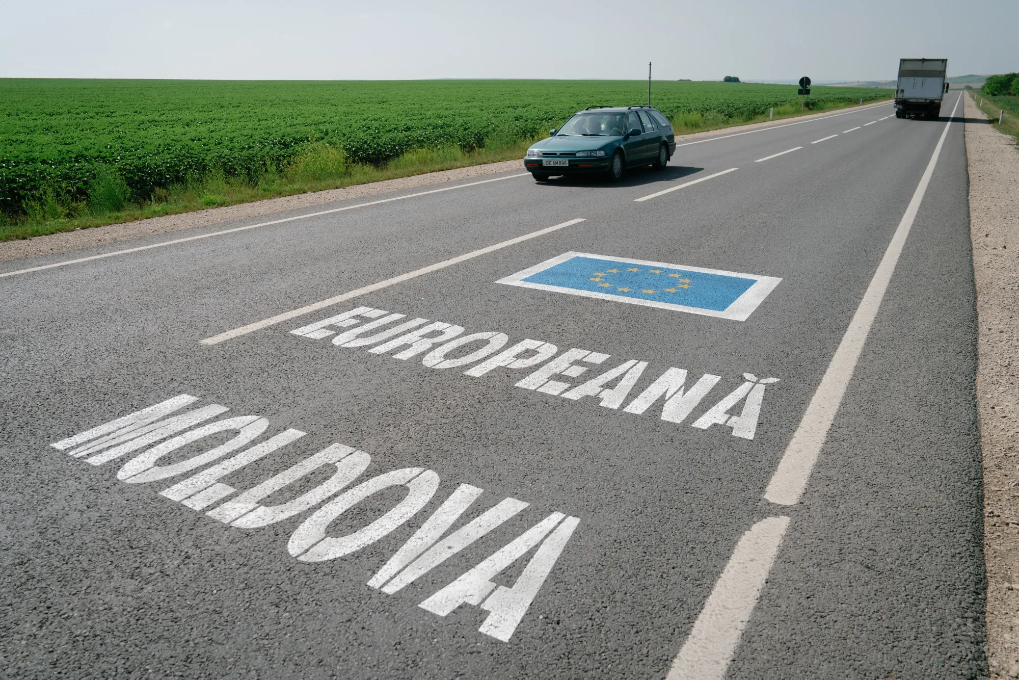 A sign on a road, financed by the European Union, outside Comrat, Moldova.